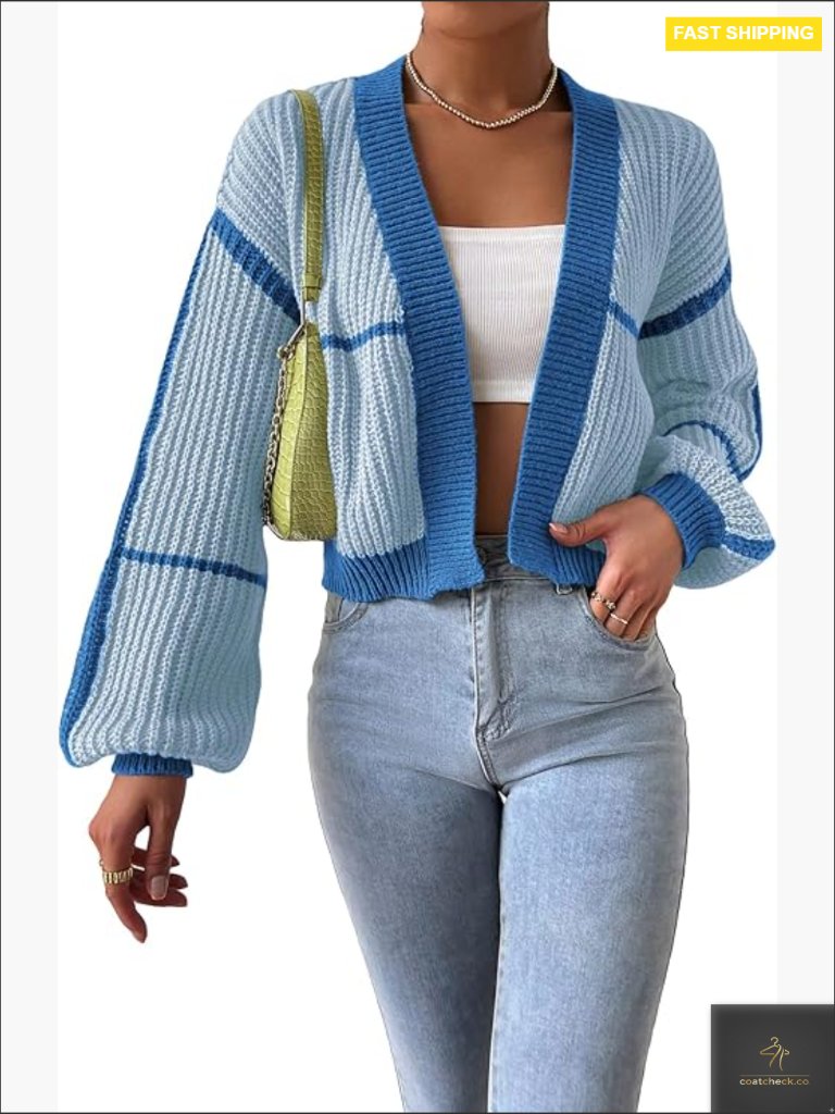 Striped Crop Cardigan Bishop Sleeve Open Front Lightweight Knit Trendy Y2k